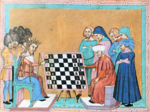 Historical miniature depicting chess players, reproduced in the original ChessEval page.