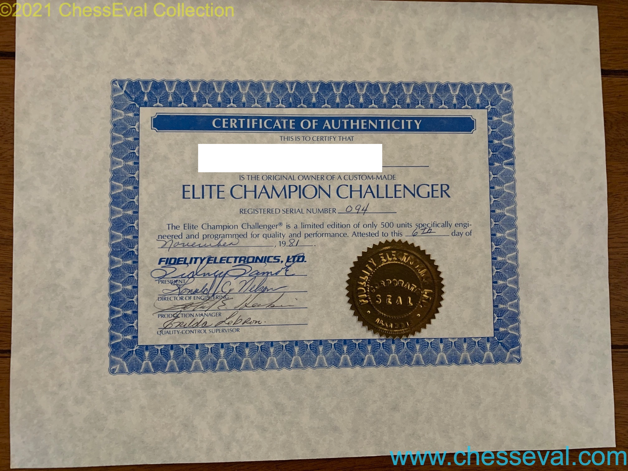 Fidelity certificate of authenticity for serial 094, dated 6 November 1981. The original owner’s name is already obscured in the supplied image.