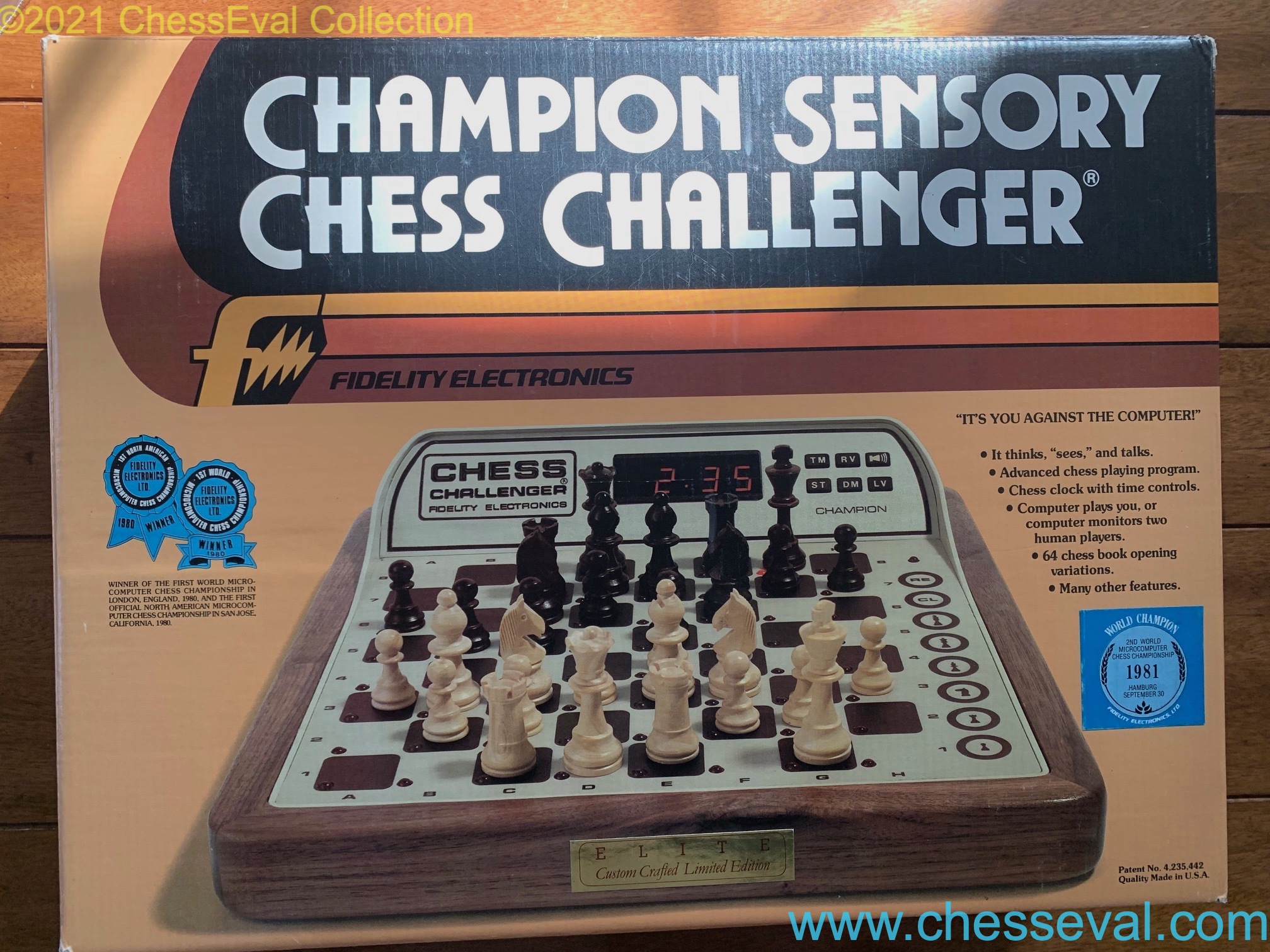 Original Champion Sensory Chess Challenger packaging with the period championship labels.