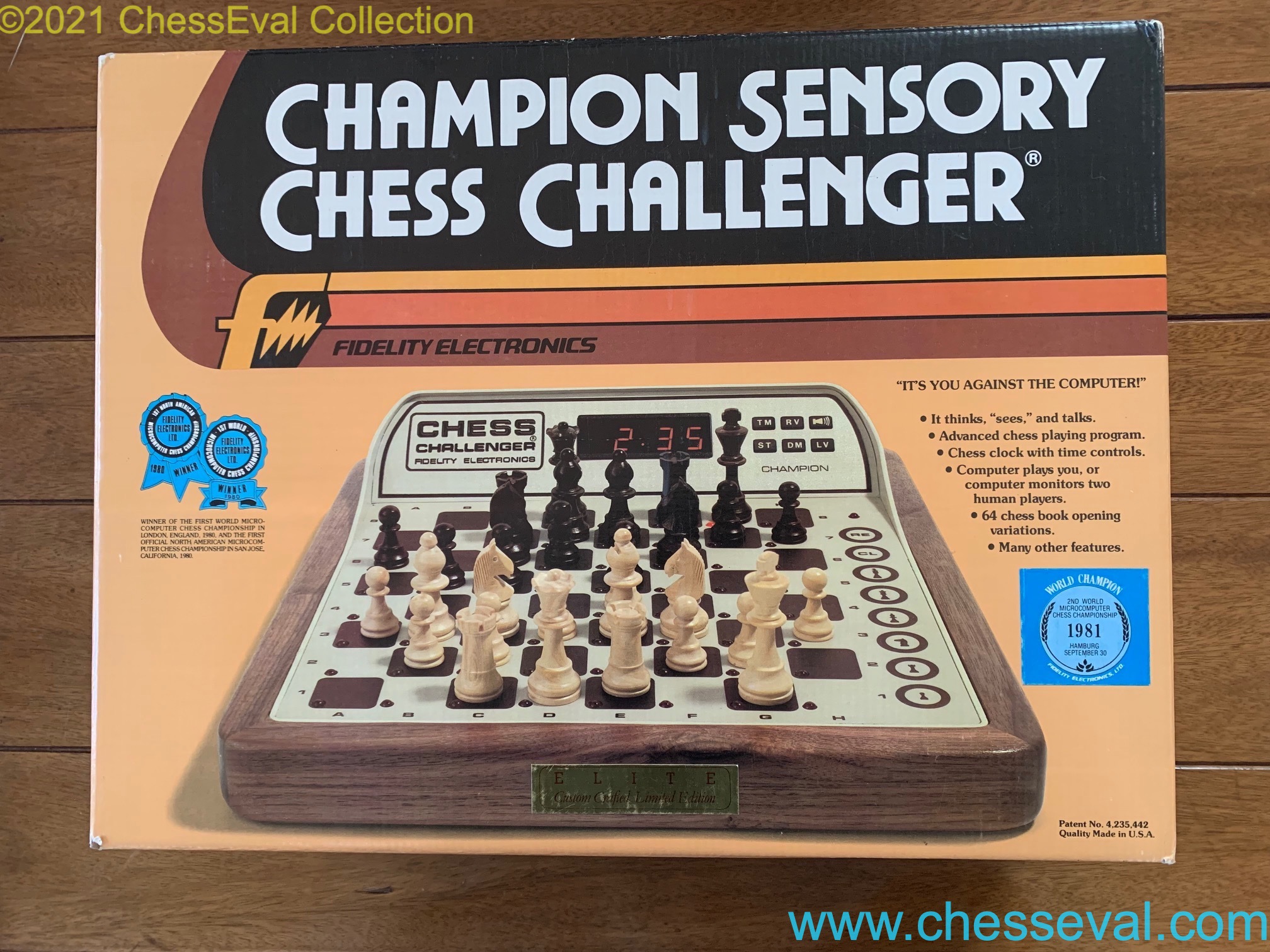 Front view of the original packaging and its labels.