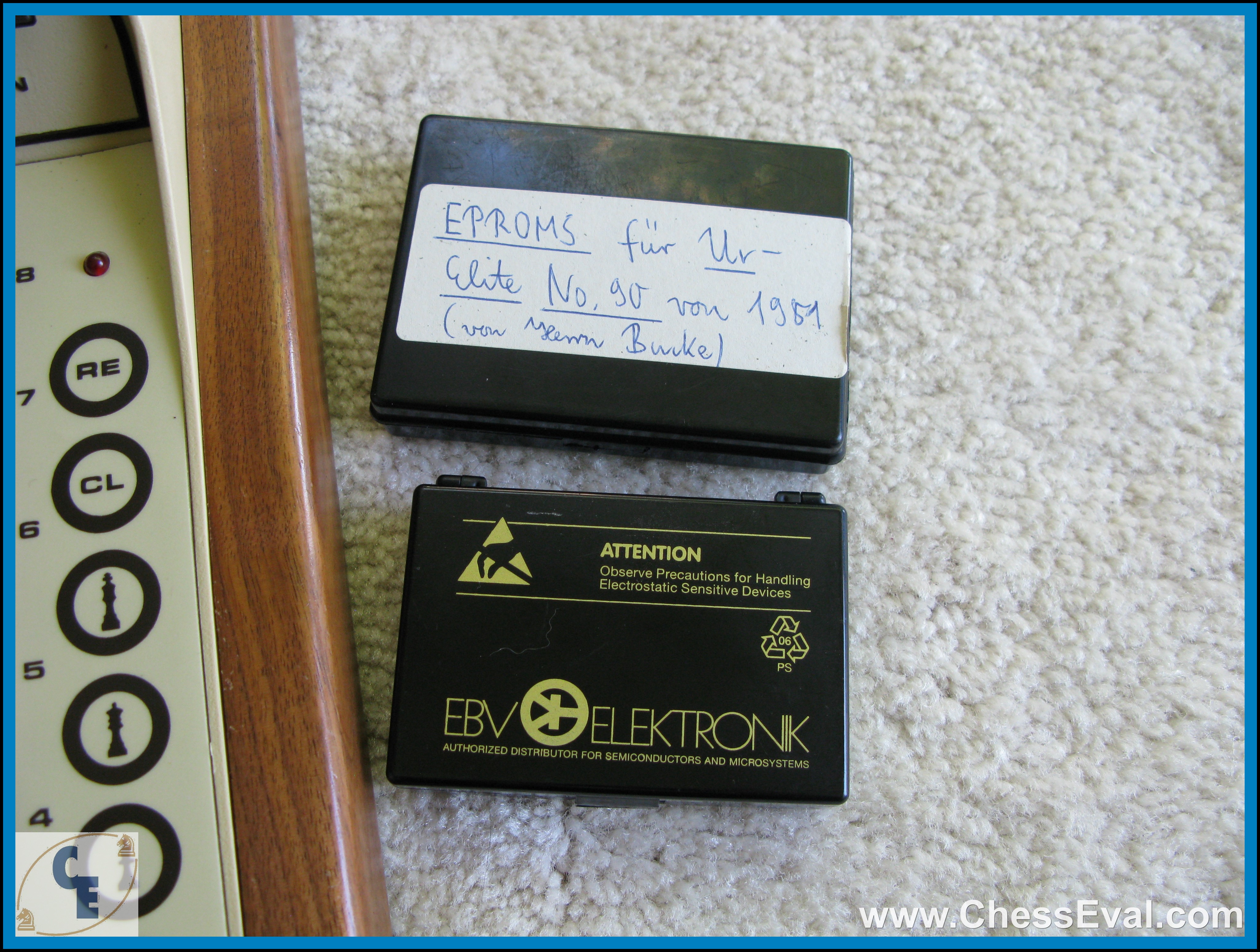 Closed EPROM cases with the handwritten Elite No. 90, 1981 note.